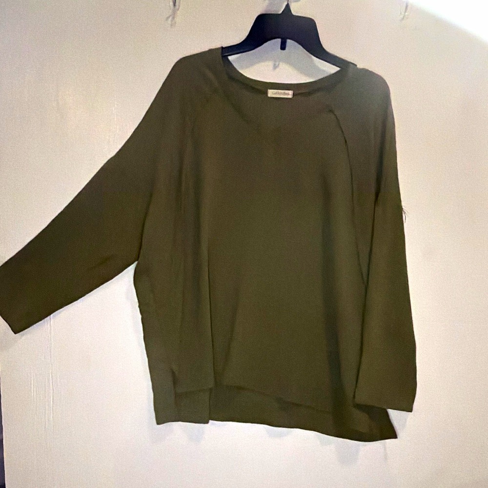 Cotton Bleu Women's V-Neck Tunic Shirt Solid Green Polyester Long Sleeve Sz S